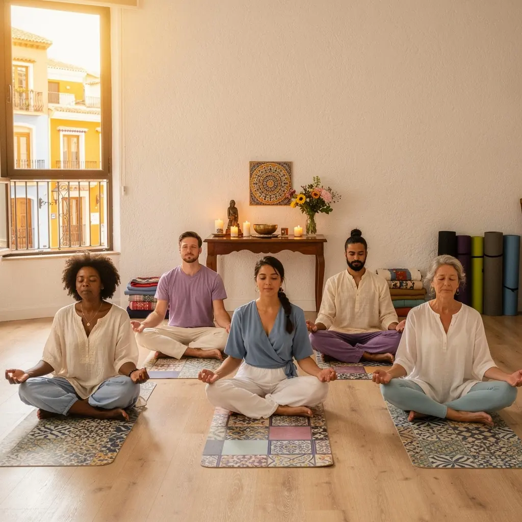 Una instructora guiando una sesión de respiración consciente con velas encendidas alrededor.