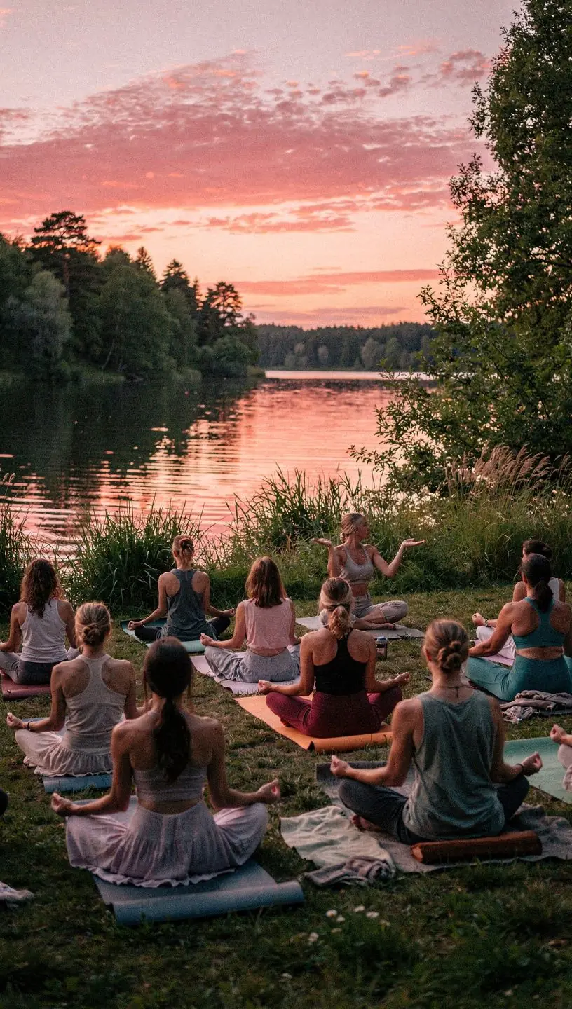 Vista de un espacio de yoga decorado con colores suaves, plantas y elementos naturales para fomentar la relajación.