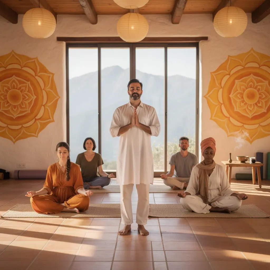 Una persona realizando una asana de Kundalini Yoga al amanecer, con energía vibrante y un aura luminosa alrededor.
