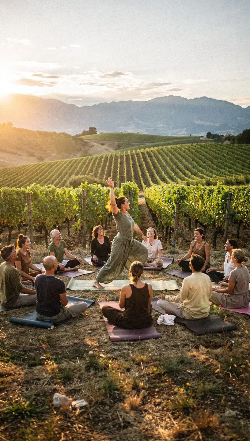Un instructor guiando una sesión de meditación con los brazos levantados, simbolizando la conexión espiritual.
